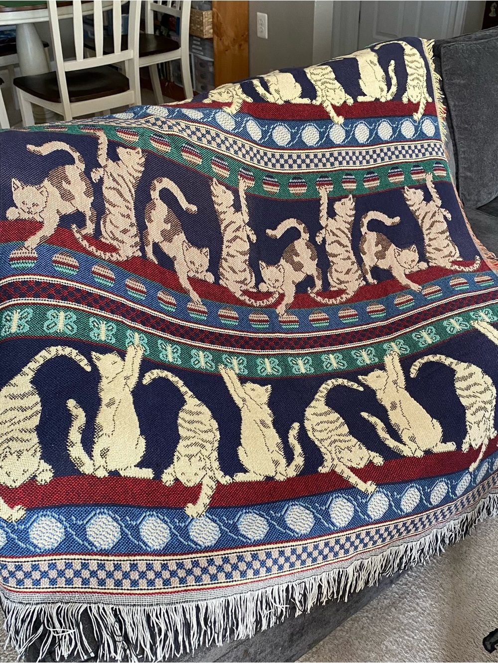 Crown Crafts Woven Cats Patterned Throw Blanket in Navy, Cream, Red & Green EUC - Picture 6 of 14